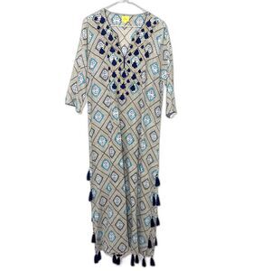 Roller Rabbit Abstract Print Embroidered Maxi Dress - Gray/Navy/Tan M